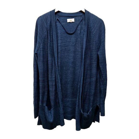 Lou & Grey Open Front Long Cardigan Women sz Med Blue Sweater High Slits Pockets - Picture 1 of 6